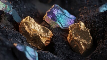 Captivating display of raw gold nuggets and vibrant crystals amidst dark gravel