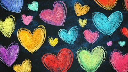 A vibrant display of multicolored hand-drawn hearts on a dark background.
