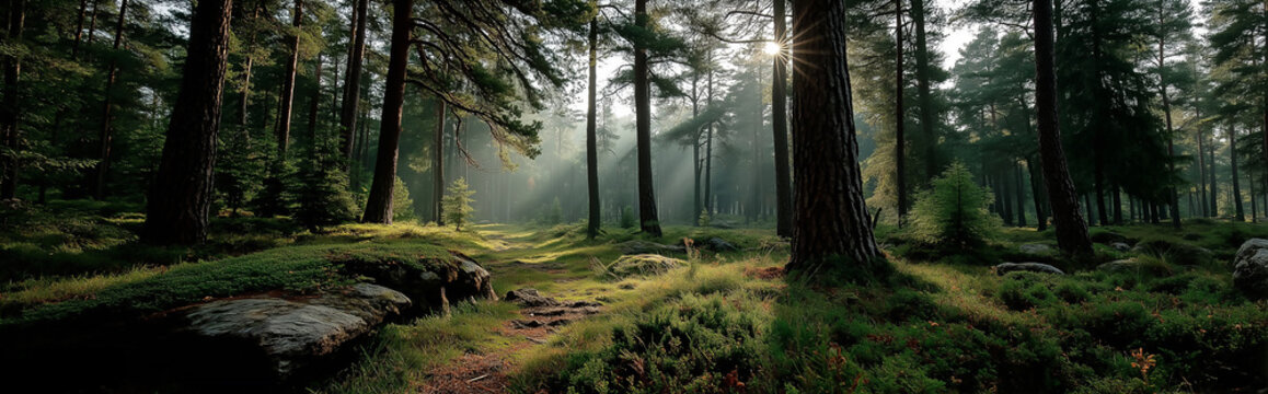 A dense pine forest in the misty morning light, with tall trees and moss-covered rocks scattered throughout  - Powered by Adobe