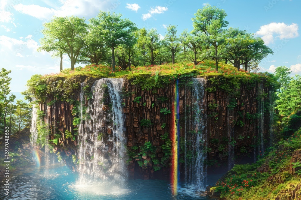 Poster a fantastical floating island displaying a cascading waterfall scene