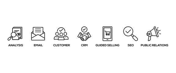 Inbound marketing banner web icon vector illustration concept with icon of analysis, email, customer, crm, guided selling, seo and public relations