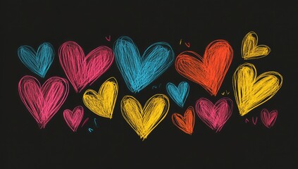 A colorful display of hand-drawn hearts in vibrant colors.