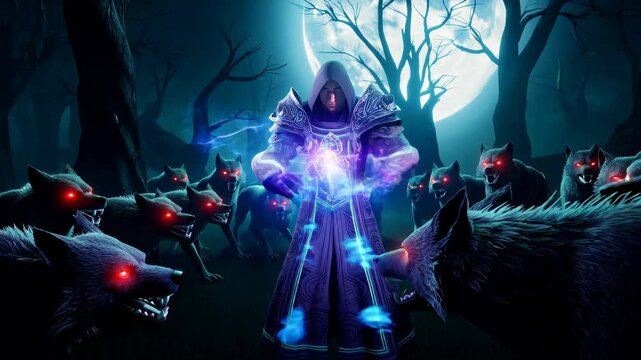 A Powerful Wizard Standing Among His Demonic Wolves in a Dark and Magical Realm