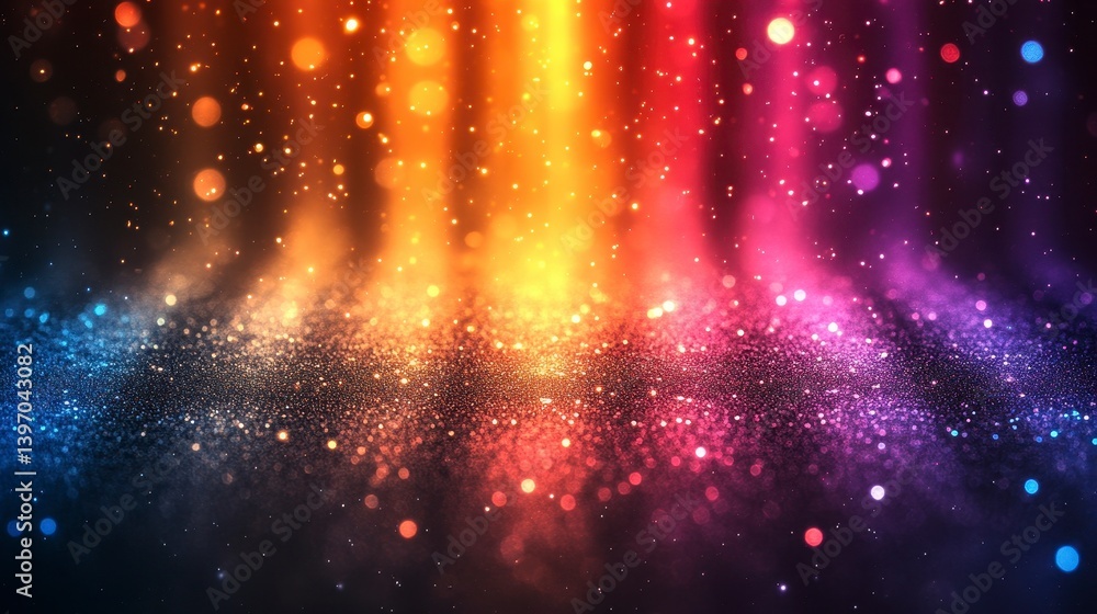Poster colorful bokeh and sparkling glitter cascade down in an abstract arrangement