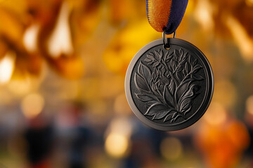 A close-up of an engraved medal with a floral design hanging from a ribbon, set against a blurred autumn background