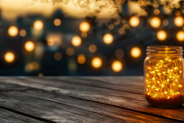 A glass jar filled with glowing fairy lights on a rustic wooden table with a dreamy bokeh background