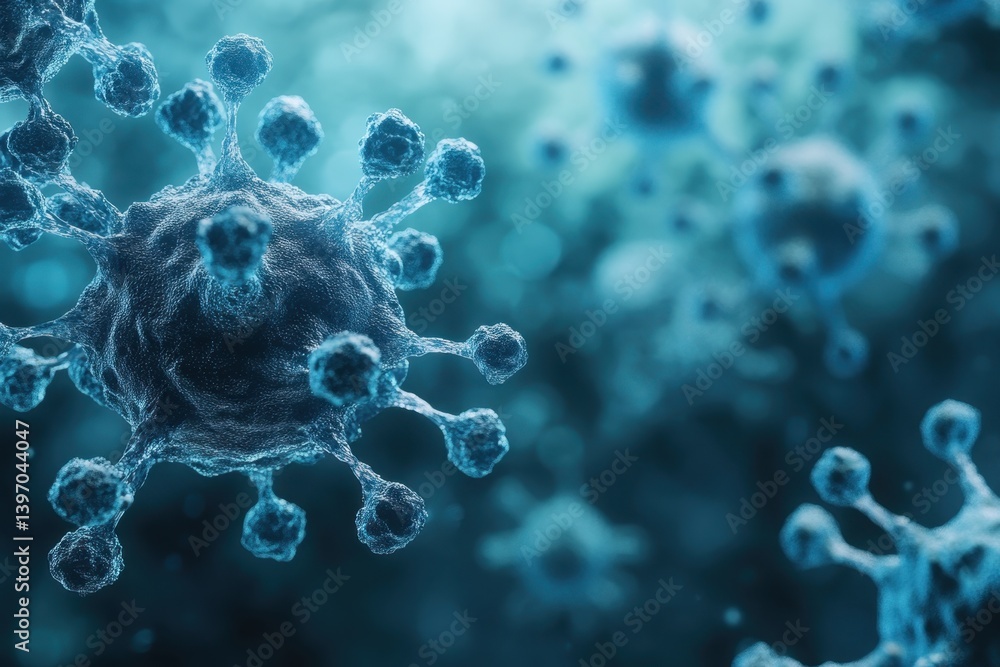 Aufkleber detailed view of microscopic virus structure with intricate surface features in blue tones