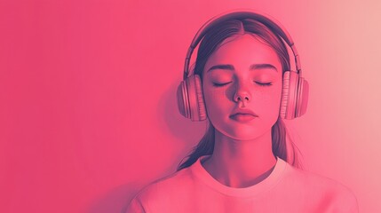 Teenage Girl listening to the rhythm of music beats on her headphones with her eyes closed in meditation - isolated magenta pink background illustration illustration