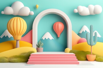 Pastel Whimsical 3D Render Hot Air Balloons and Pink Platform in Dreamlike Landscape