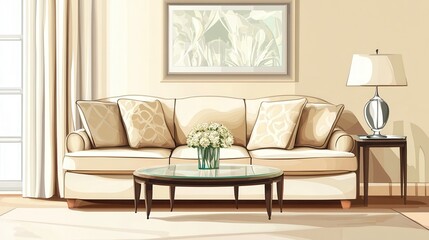 living room in beige tones with a stylish sofa, a glass tableâ¦ illustration