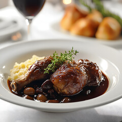 Savory chicken dish served with mashed potatoes and red wine sauce gourmet restaurant food photography elegant dining close-up culinary delight