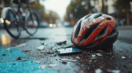 A damaged bicycle helmet and smartphone lie on a busy street, hinting at a recent accident.