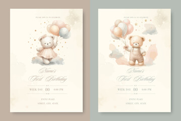 Set of First birthday watercolor invitation card for boy and girl. With plush teddy bear with balloon around clouds and stars.