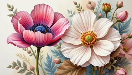 Exquisite Pink and White Anemone Flowers Botanical Illustration Detailed Close Up