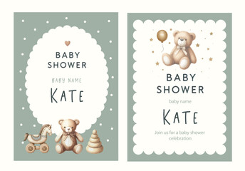 Watercolor New born baby shower invitation. Greeting card with baby toys and accessories.