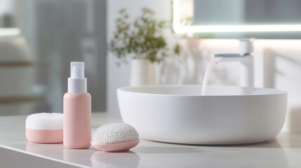 Bathroom sink with skincare products and faucet running water stream
