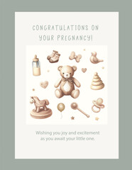 Watercolor New born baby shower invitation. Greeting card with baby toys and accessories.