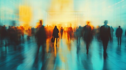 Abstract silhouettes of diverse people moving in bright urban setting.