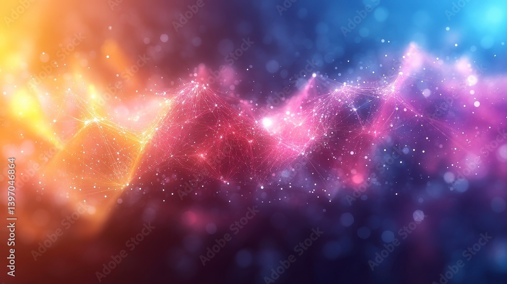 Poster abstract digital network with vibrant colors and glowing particles
