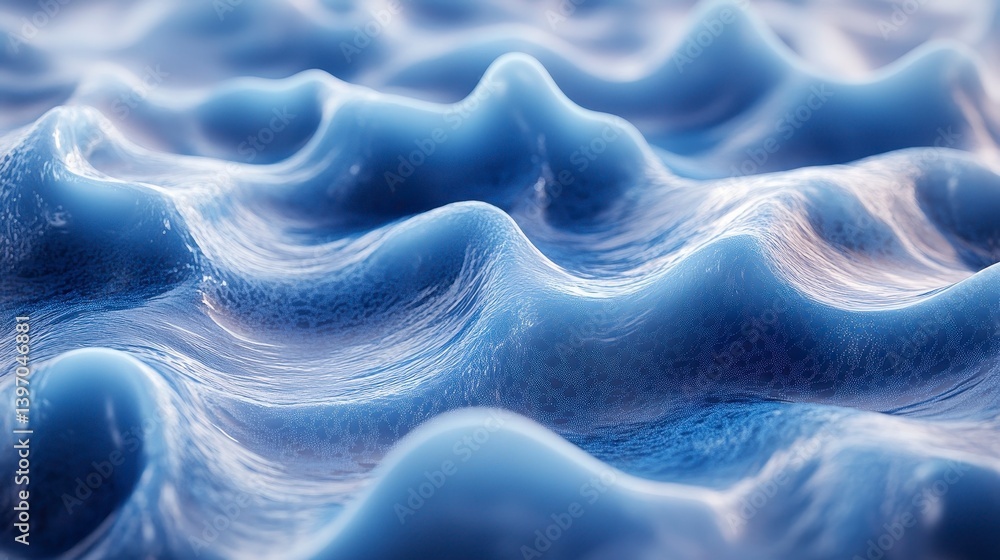 Poster wavy blue surface with soft, rounded forms, subtle light and shadows create depth