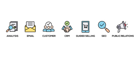 Inbound marketing banner web icon vector illustration concept with icon of analysis, email, customer, crm, guided selling, seo and public relations
