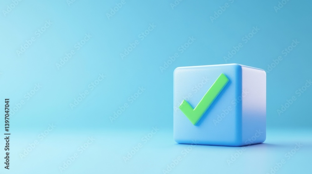 Poster 3d rendering of a blue cube with a green check mark symbol, illustrating approval or completion on a