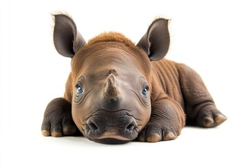 Obraz premium Baby rhinoceros is lying down isolated against white background, used for animal education