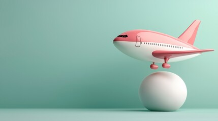 Fototapeta premium Pink Airplane Model on White Sphere Pastel Green Background