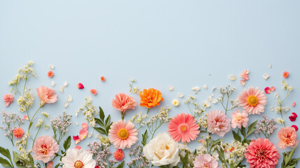 Vibrant floral arrangement on a soft blue background