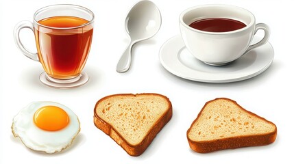 Isolated arrangement: morning toast, cooked egg, and a cup of tea.