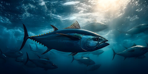 Fototapeta premium The Freedom of the Ocean - World Tuna Day - An artwork that captures the sense of freedom and movement that comes with swimming alongside the tuna in the vast ocean.