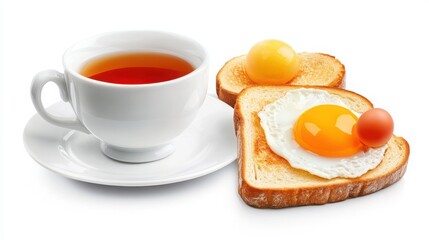 Isolated breakfast set: toast, fried egg, and hot tea on white.