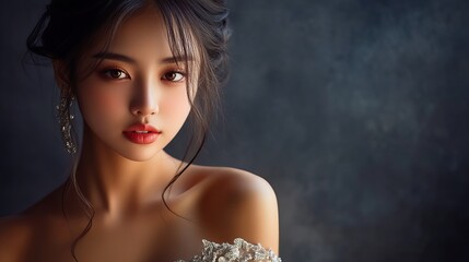 Fototapeta premium Portrait of a woman with dark hair and red lipstick wearing earrings against a dark background