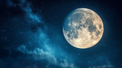 Fototapeta premium A deep blue night sky reveals an authentic full moon, glowing with shades of yellow and gray, its craters adding to the striking beauty of the astronomical image