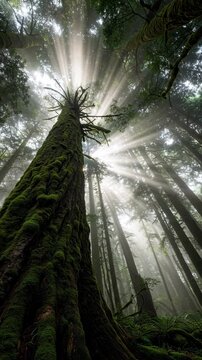 Cinematic vertical tracking shot of moss-covered forest trees with sunrays breaking through mist in a serene, atmospheric woodland setting