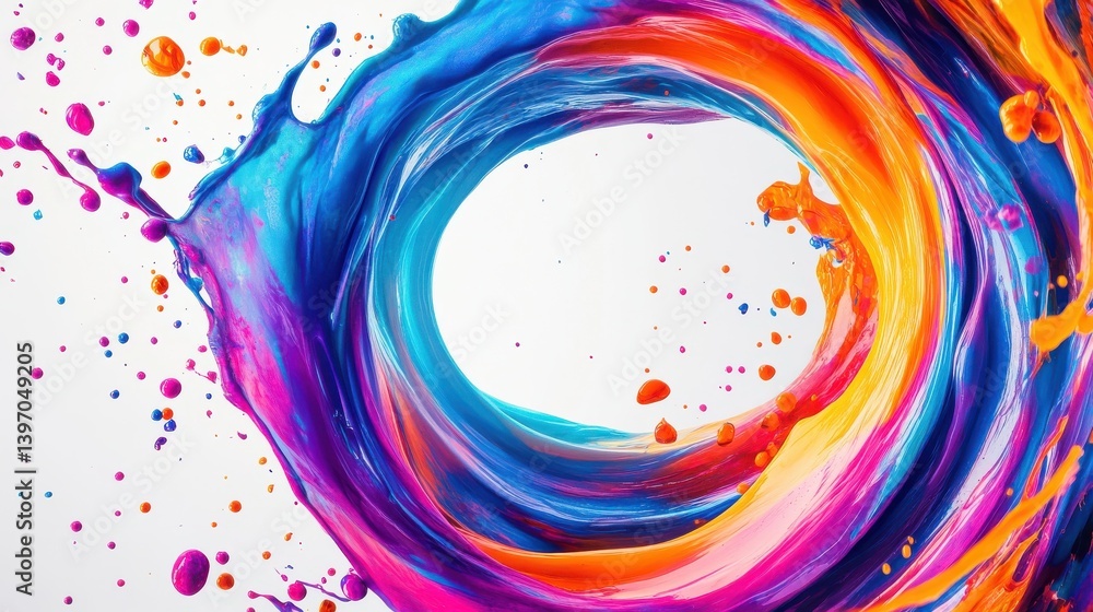 Poster abstract circle liquid motion flow explosion. curved wave colorful pattern with paint drops on white