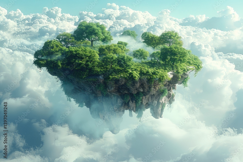 Poster a floating island covered in trees rests above fluffy clouds