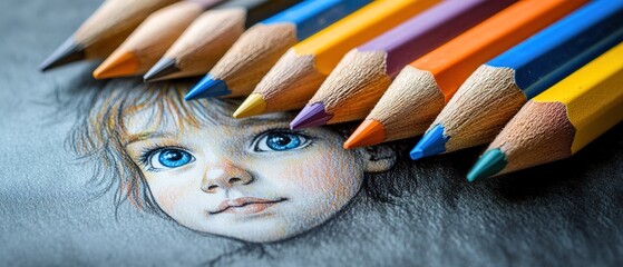 drawing of a small child with colored pencils on paper
