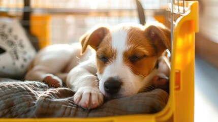 The dog is lying in a large plastic transport box for transporting dogs on a soft litter.