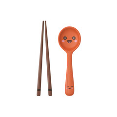 Happy Chopsticks and Spoon: A delightful illustration showcasing a pair of brown chopsticks and a cheerful orange spoon, each adorned with charming, friendly facial expressions.