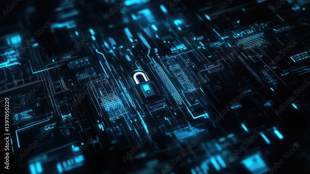 Aufkleber digital cloud technology with locks and data streams on a dark background illustration