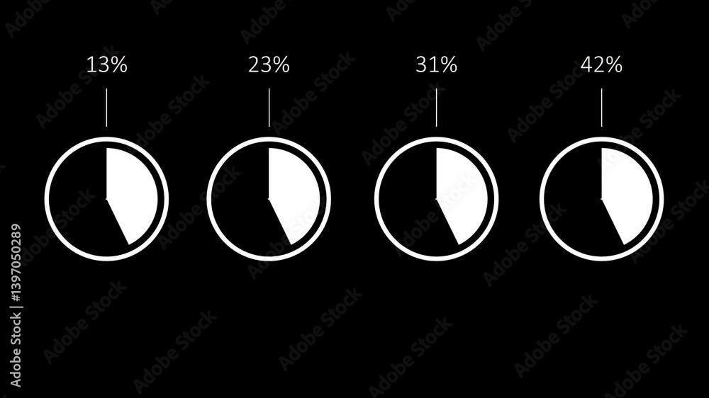 Poster four radial circular pie chart with different percentages. diagram elements isolated on black backgr