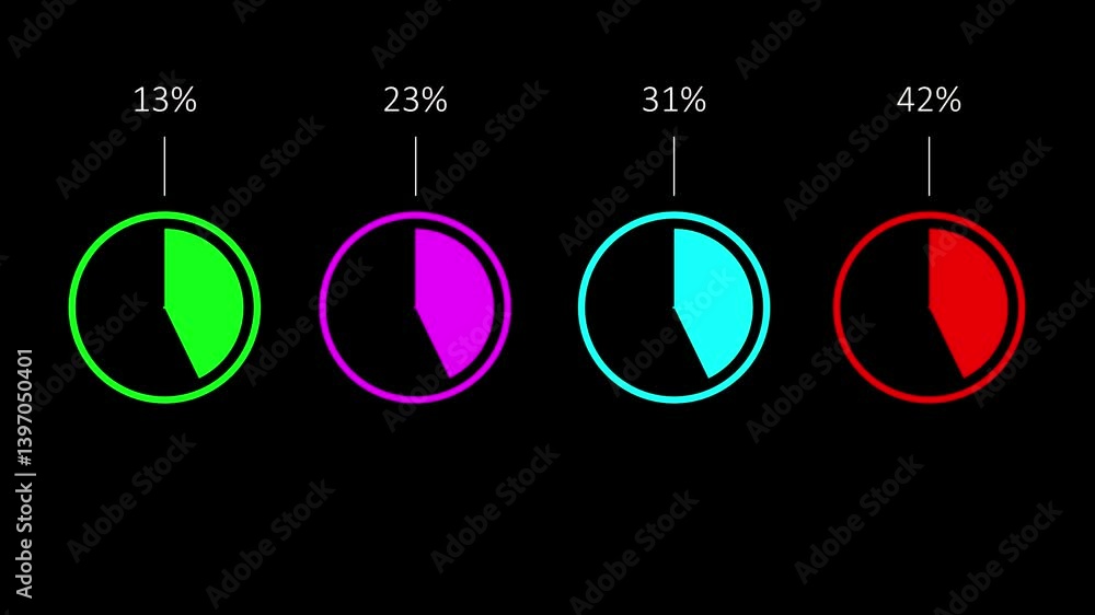 Poster four radial circular pie chart with different percentages. diagram elements isolated on black backgr