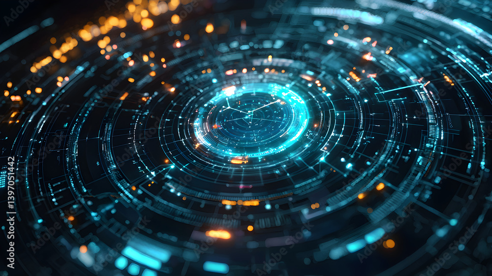 Poster exploring digital innovation through futuristic circular patterns virtual space graphic design abstr