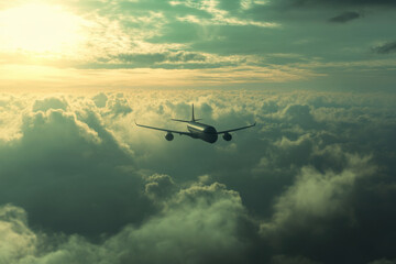 Fototapeta premium Aircraft soaring above clouds during sunset with golden light illuminating the sky