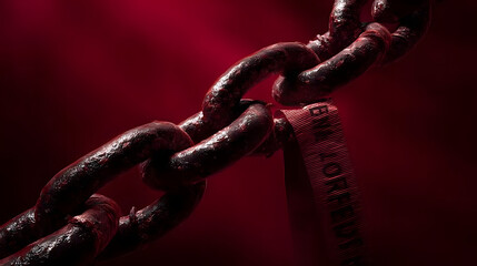 A reflective and respectful Juneteenth scene with broken chains and a freedom banner against a dark red background, wide-angle shot, 