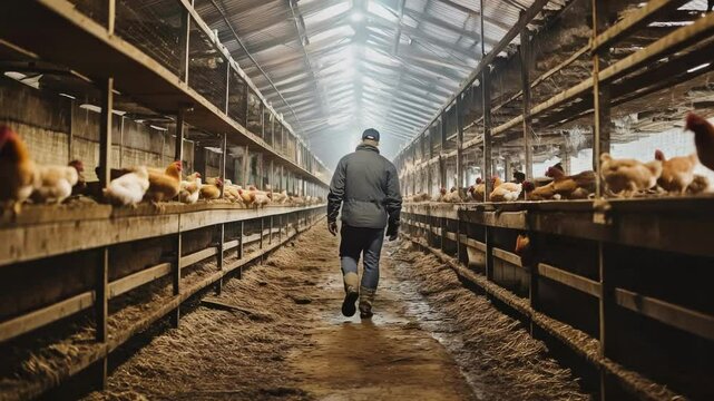 A farmer walks through a barn filled with chickens, checking on their well-being amid the early morning light and organized laying areas for the birds.