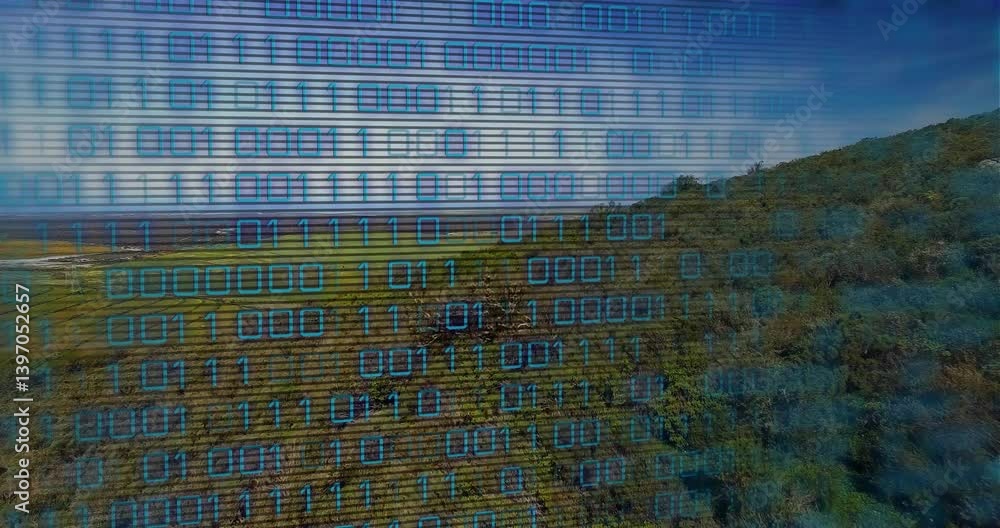 Poster binary code animation overlaying scenic landscape with hills and fields