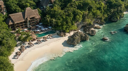 Picturesque Aerial View of Turquoise Waters and White Sand Beach with Thatched Roof Resort Buildings and Green Vegetation on a Sunny Day