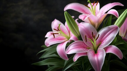Fototapeta premium On a spotless white background, verdant green leaves and delicate pink Oriental stargazer lilies, in various bloom stages, stand out